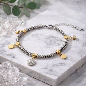 Minimalist Mixed Metal Charm Bracelet 18K Gold Plated Stainless Steel